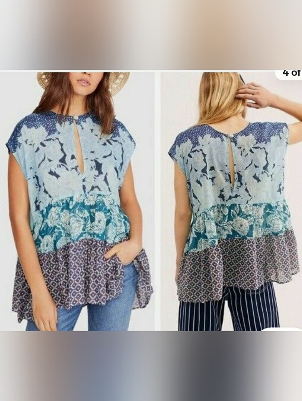 Free People 100% Cotton Light Blue Mixed-Print Sleeveless Top